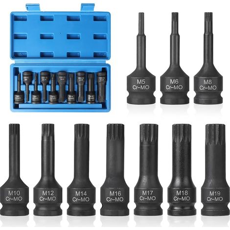 10 Pièces Douille XZN Mâle 1/2", M5, M6, M8, M10, M12, M14, M16, M17, M18, M19, Jeu de Douille Allen avec Boîte, Embouts à Douze Pans en CR-MO (1/5)