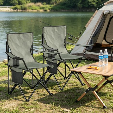 Lot de 2 chaises de plage confortables pliables de pêche avec porte-gobelet (1/4)