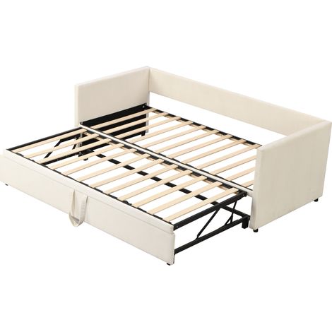 Letto estraibile imbottito in velluto beige 90 x 200 cm con rete ed estensione 180 x 200 cm (1/5)