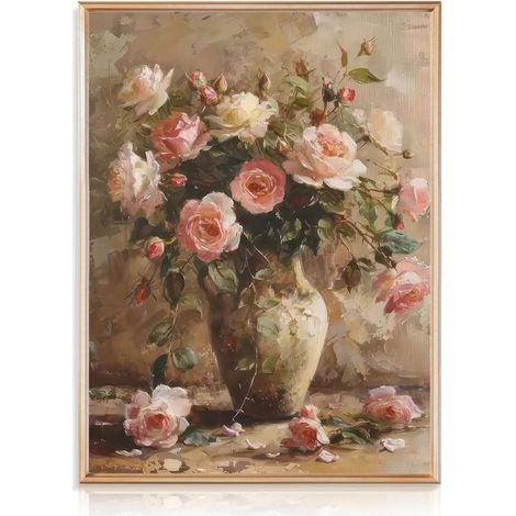 Quadro vintage su tela con motivi floreali, dipinto ad olio in stile country, decorazione murale con fiori in vaso per camera da letto e soggiorno, 30x40 cm, senza cornice. (1/5)