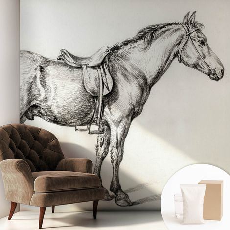 Papier peint intissé décoratif avec colle pour salon chambre et bureau Installation rapide Esquisse de cheval 250x250 cm (1/5)