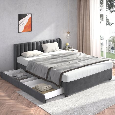 Lit adulte 180 x 200 cm rembourré en velours gris avec sommier et 2 tiroirs de rangement (1/5)