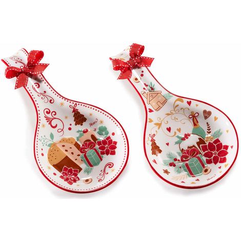 Poggiamestolo di Natale in ceramica con fiocco e decori in rilievo, set da 4 pezzi, cm 12 x 24 H
