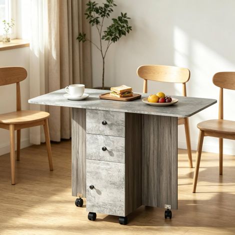 Table à manger pliante gain de place avec tiroirs et roulettes 120 x 60 cm en panneau gris (1/5)