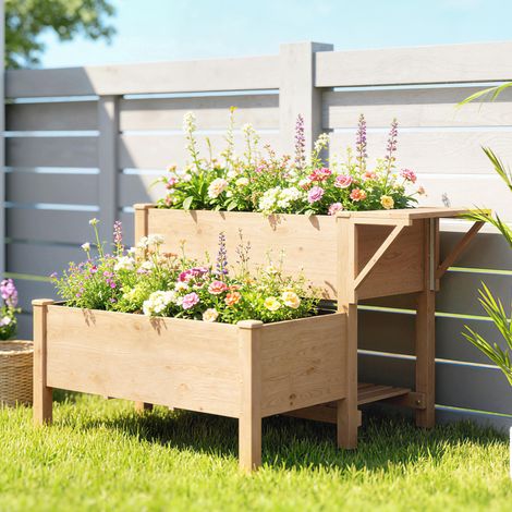 Potager sur Pieds à 2 niveaux Jardinières surélevées étagères doublure trous de drainage 119.5x102x76.5cm. marron clair