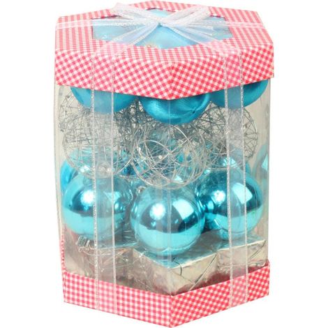 Set mit 28 Weihnachtsbaumhängern, gemischt: Seidenkugeln, Drahtkugeln, Geschenkanhänger, Kunststoffkugeln in Türkis und Silber. (1/5)