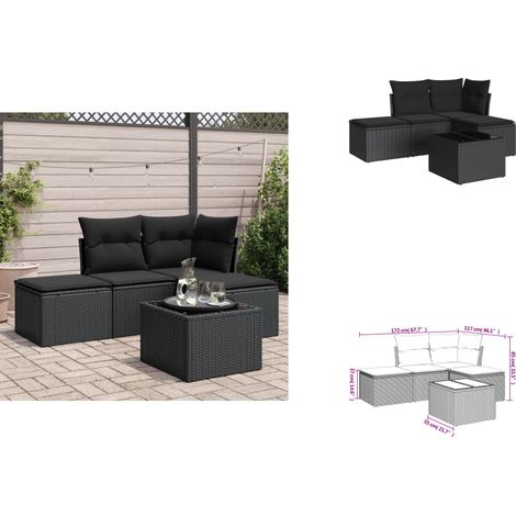 The Living Store Salon de jardin 5 pcs avec coussins noir résine tressée - Meubles extérieurs (1/3)