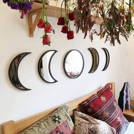Ensemble de Miroirs de Phase de Lune de 5, Décoration Murale en Bois, Design Intérieur de la Maison, Décorations Murales de Lune Boho, Autocollants Inclus avec (Noir) (1/5)