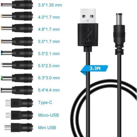 Câble d’alimentation USB vers DC 5 V – Adaptateur 11-en-1 avec fiche barillet 5,5 × 2,1 mm, 1 m, noir, pour ordinateur portable et routeur (1/4)