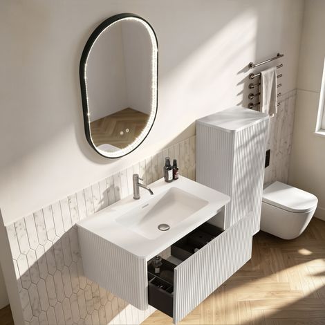 Conjunto de muebles de baño con lavabo, mueble auxiliar y espejo LED, mueble de baño suspendido de 80 cm de ancho con lavabo, espejo de baño ovalado con marco negro, blanco (1/5)