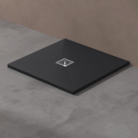 doporro Receveur de Douche à Carreler à Poser en Solid Surface Bac à Douche Carré Antiglisse Gris Noir Mat Design Geoma09 80x80x3cm (1/5)