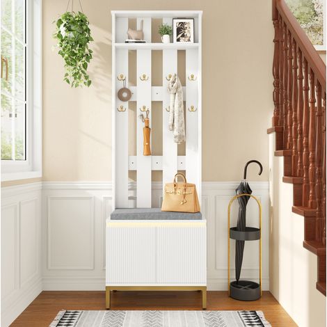 Mueble de recibidor blanco con banco acolchado, zapatero y 8 ganchos dorados OKWISH (1/5)