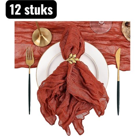 Lot de 12 serviettes de table (50 x 50 cm) en tissu froissé, plissées en organza de polyester, idéales pour les fêtes et les mariages. Linge de table décoratif à plis décoratifs, marron et rouge. (1/5)