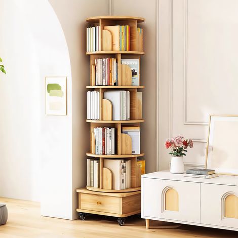 Étagère pivotante à 360° avec roulettes et tiroir, idéale pour les petites pièces : chambre, salon, maison et bureau. Coloris bois. (1/4)
