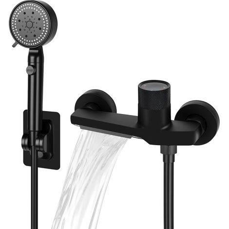 Robinet de baignoire avec douchette à main, robinet cascade avec douche, tuyau en PVC de 1,5 m et support mural, mitigeur douche avec 5 fonctions, robinet de baignoire (1/5)