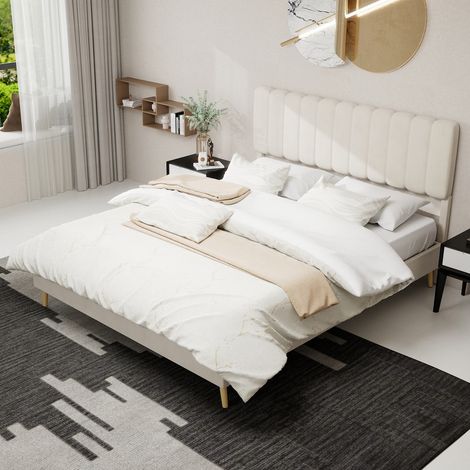Lit 160 x 200 cm minimaliste tête capitonnée beige sans rangement ni sommier coffre sans matelas (1/5)