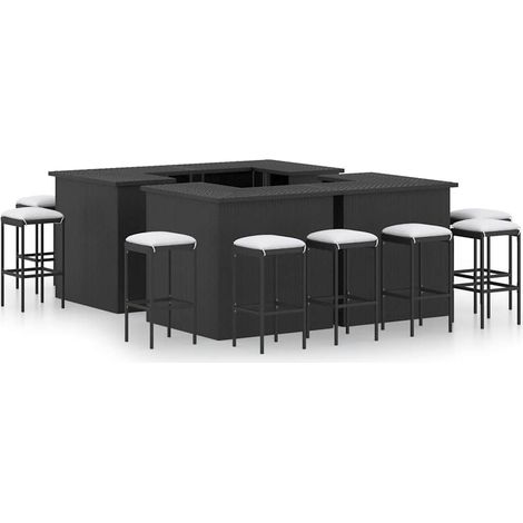 Ensemble de bar de jardin 16 pièces, 4 tables et 12 tabourets, résine tressée noire - PANGIVO (1/5)