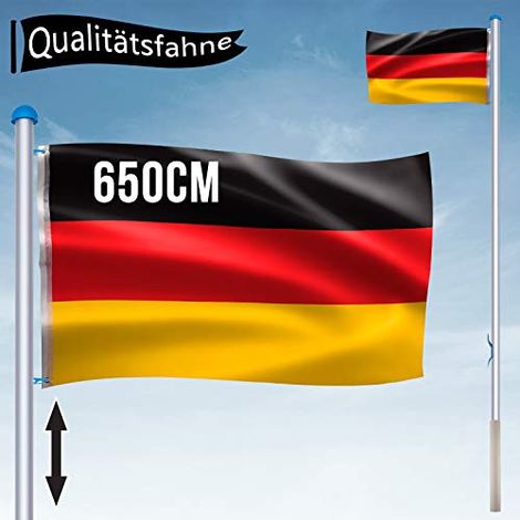 Fahnenmast Aluminium 6,5 m mit Deutschland Fahne + Bodenhülse + Zugseil + Verschlusshaken + Abschlusskappe und Höhe in 5 verschiedenen Höhen NAIZY (1/5)