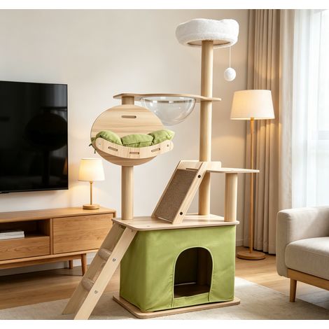 WILITTO Arbre à Chat Multi-Niveaux 145cm - Avec Niche, Hamac, Capsule Spatiale et Griffoir, Design Moderne en Bois et Tissu Vert, pour Plusieurs Chats