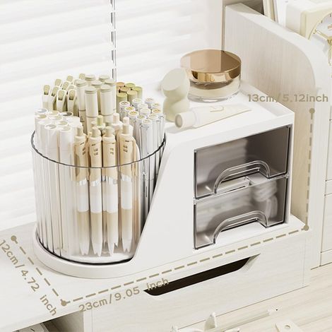 Organizador de escritorio, portalápices giratorio de 360° con 2 cajones, caja de almacenamiento multifuncional para el hogar, la escuela y la oficina, color blanco. (1/3)