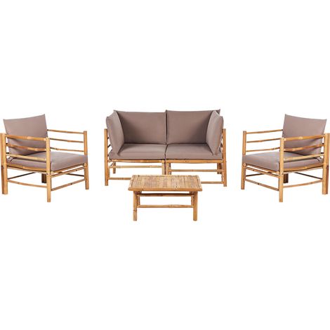 Conjunto modular de jardín de 5 piezas sofá de 2 plazas 2 sillones y mesa de centro de bambú natural cojines gris pardo Cerreto (1/5)