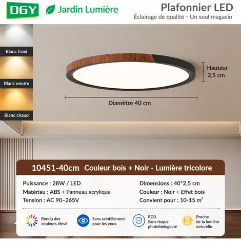 Plafonnier LED 40 cm 28W Noir Sablé et Bois de Noyer Tricolore Spectre Complet 40cm 28w réf 0641 10 kg – Livraison gratuite