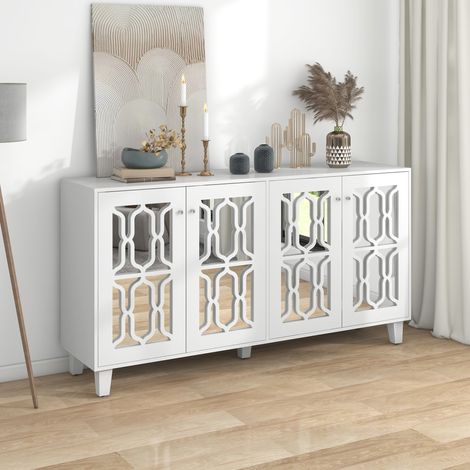 Buffet miroir blanc 160x40x84 cm, 4 portes, étagères amovibles, poignées cristal (1/5)