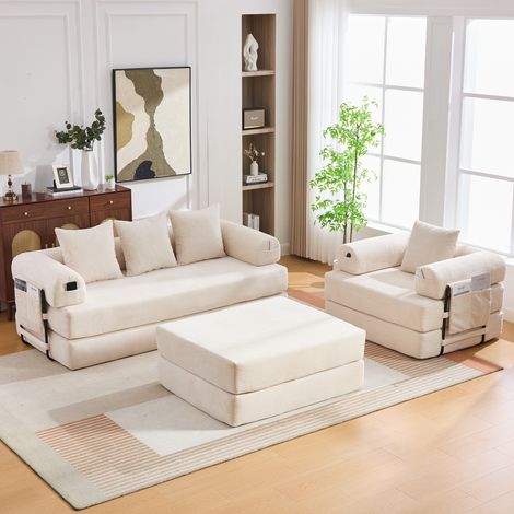 Canapé modulaire pour 4 personnes, avec coussinets comprimés. Il est équipé d’un cadre métallique stable, de poches latérales et de 4 coussins confortables. Le garnissage en mousse dense permet une gr (1/5)