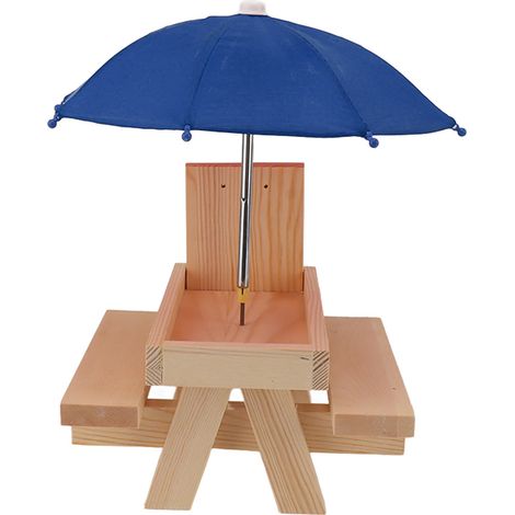 Mangeoire pour écureuils en pin avec parasol bleu, table de pique-nique suspendue pour jardin extérieur (1/5)