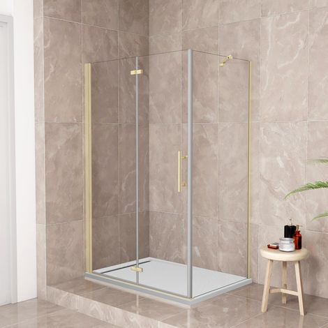 185 cm Box Doccia Angolare 120x80cm Porta Battente Pieghevole 120 Parete Fissa 80 Vetro Temperato 6 mm Anticalcare Barra Stabilizzatrice da 45 cm Dorato Spazzolato (1/5)