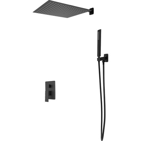 HAUTOUR Ensemble de Douche Mural Noir Carré, Jet Supérieur 40cm + Douchette à Main, Noyau en Céramique, Système de Douche Complet pour Salle de Bain Hôtel (1/5)