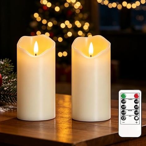 bougies LED sans flamme, 7,5 cm x 15 cm, télécommande minuterie, bougies décoration (blanc) (1/5)