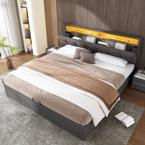 Lit rembourré moderne 160x200 cm gris foncé, structure en acier, tête de lit LED et sommier à lattes, rangement sous le lit (1/5)