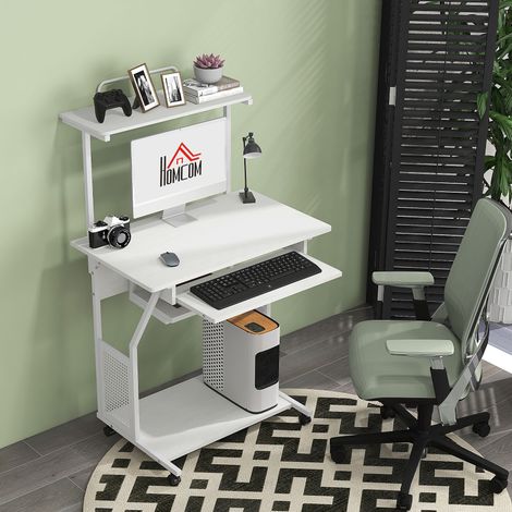 Bureau d'ordinateur roulant avec étagères de rangement, poste de travail et plateau pour clavier, 80x50x130cm, blanc (1/5)