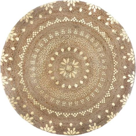 Atmosphera – Tapis rond en jute 115cm – Naturel et or – Tapis shaggy facile d'entretien – Design charmant avec détails dorés (1/5)