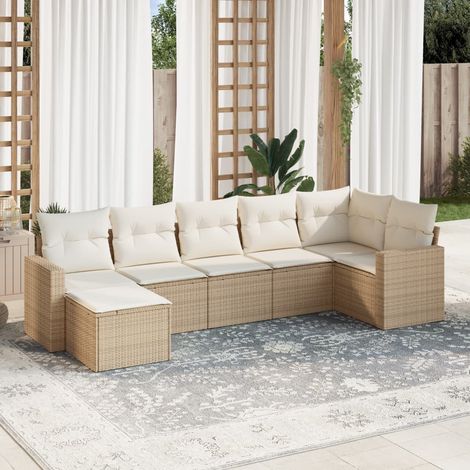 Canapé d'angle extérieur 7 places en résine tressée beige avec coussins déhoussables et lavables (1/3)