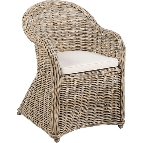 Poltrona da giardino in rattan naturale con cuscini in cotone bianco Susua II