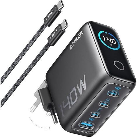 Cargador GaN ANKER de 140 W con pantalla digital, 4 dispositivos, 2 cables USB-C