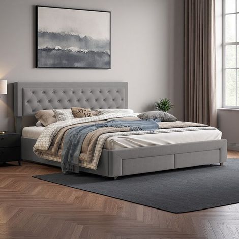 Letto contenitore 160x200 cm scandinavo in velluto grigio con sommier idraulico e 2 cassetti