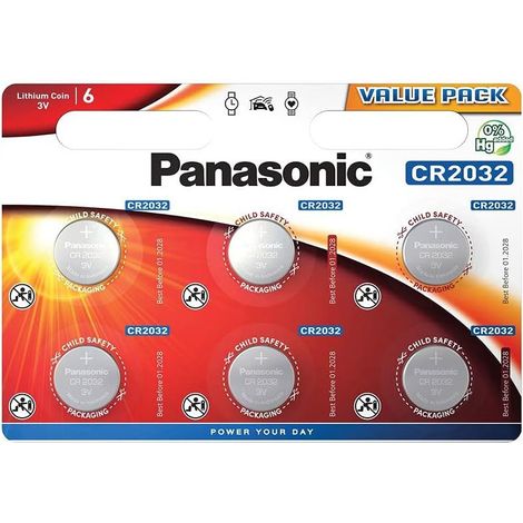 Panasonic CR2032 Lot de 6 piles bouton Lithium 3V