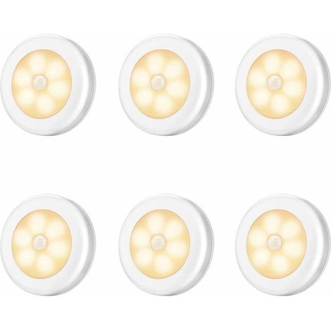 Lot de 6 lampes LED à détecteur de mouvement, veilleuses LED, idéales pour les escaliers, les placards, les armoires, faciles à installer, fonctionnent sur piles (non incluses) (lumière blanc chaud)