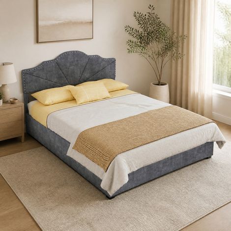Letto imbottito per adulti 140x200 cm, con rete a doghe, in tessuto grigio, per camera da letto, senza materasso (1/5)