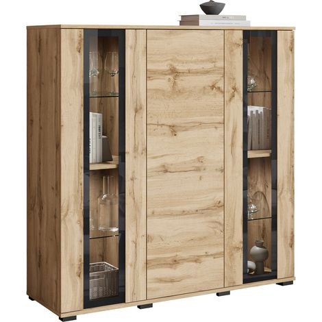 Aparador Torcame 100, Roble wotan, 122x120cm, Número de puertas: 040cm, Aglomerado laminado, Vidrio templado, LED