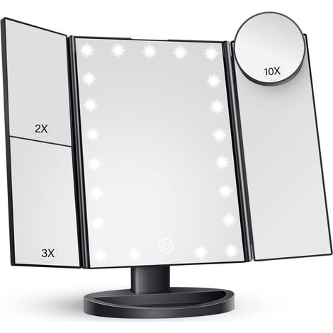 Miroir de maquillage avec éclairage, grossissement x2, x3, x10, commande tactile, pliable en trois parties, noir, 24 cm (L) x 34 cm (l), style contemporain, montage sur meuble-lavabo, salle de bain