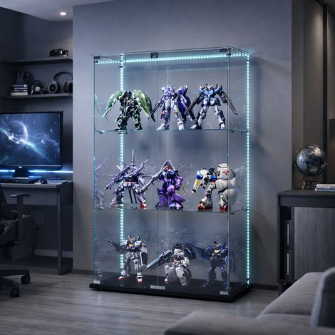 Vitrine en Verre avec Bande LED, Armoire Vitrine pour Collection Transparent Meuble vitrine Verre avec 2 Portes à Serrure et 3 Étagères Vitrines Salon Bar, 123x78.5x35 cm, Noir (1/5)