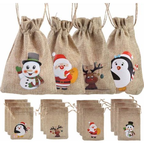 12 sachets en jute à cordon pour cadeaux de Noël - Petits sachets à bonbons à motifs de Noël (1/5)