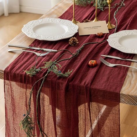 Chemin de table de Noël rouge bordeaux, décoration en gaze de coton rouge, 120 pouces 10 pieds, chemin de table en gaze de coton rustique bohème pour mariage, baby shower (1/4)