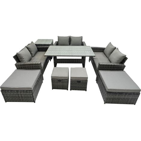 Fimous 10 Seater Wicker PE Rattan Furniture Outdoor Dining Table Double Seat Sofa Side Table 4 Stools Set Dark Grey Mixed (1/5)