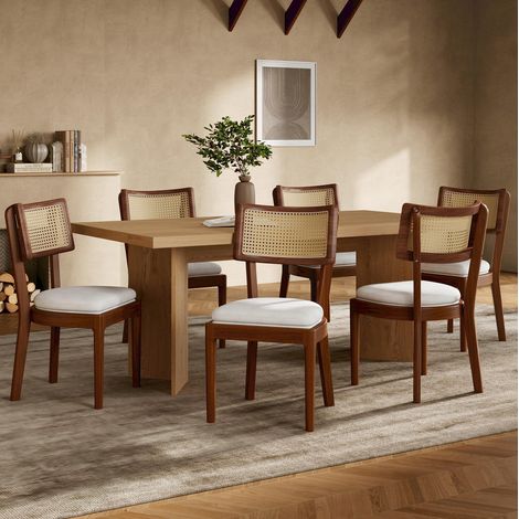 Juego de 4 sillas de comedor de madera con respaldo de ratán, asientos de lino, acabado en nogal, estilo moderno. (1/5)