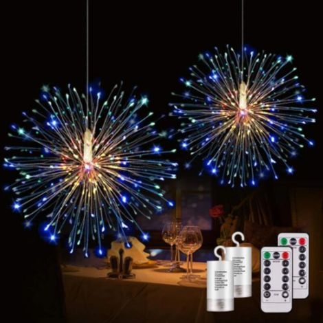 Guirlandes lumineusesLot de 2 feux d'artifice 180 LED fil de cuivre Starburst guirlandes lumineuses 8 modes guirlandes lumineuses à piles avec télécommande (coloré)